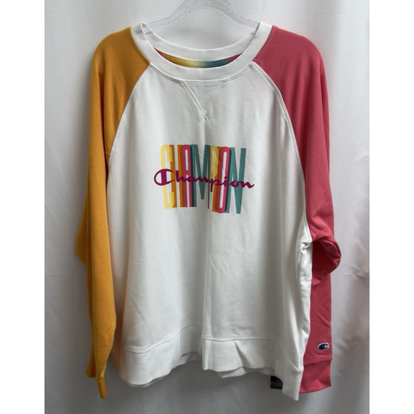 Champion Tops - Champion Campus French Terry Sweatshirt Womens Plus 2X White Rainbow Logo
